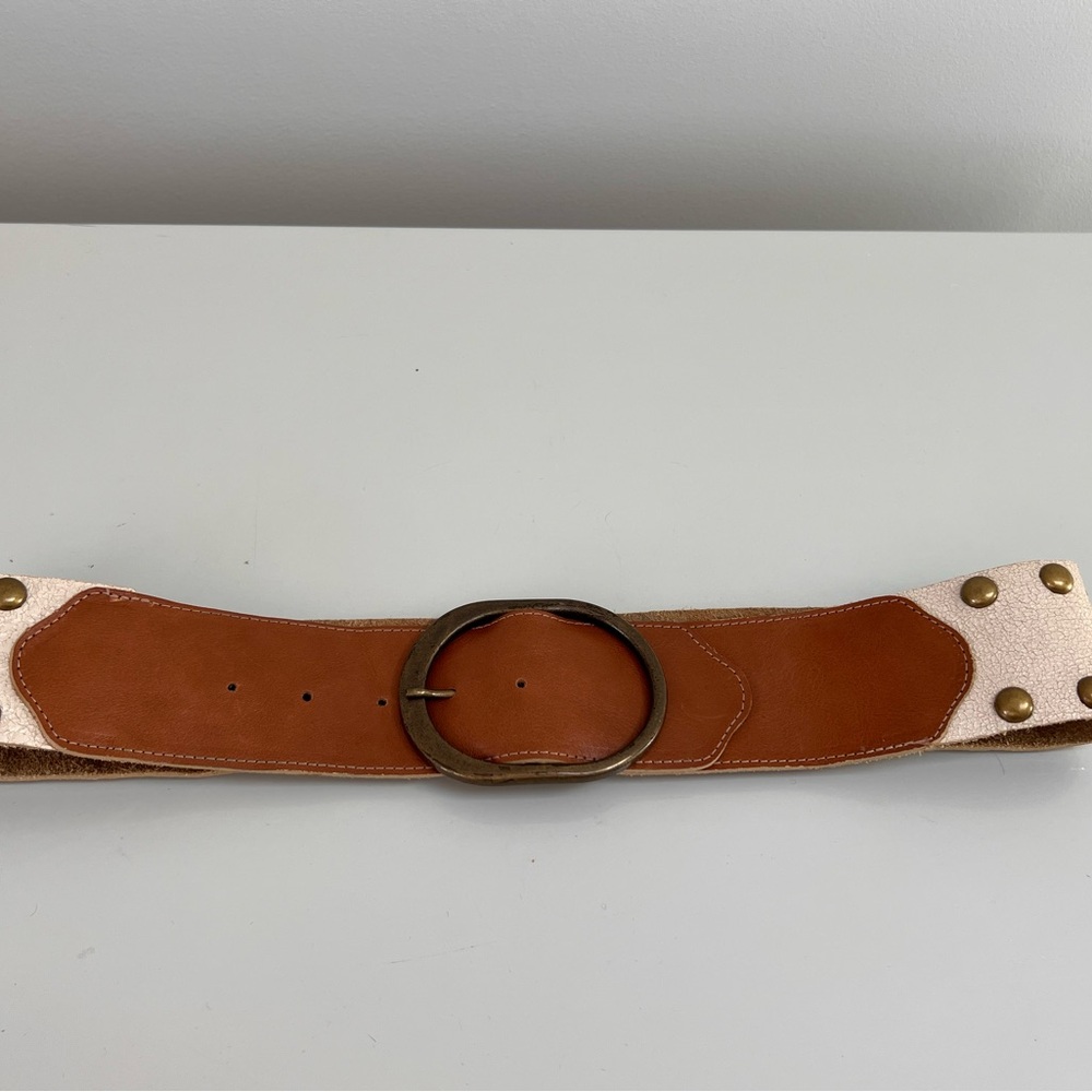 Linea Pelle Tan Leather Belt with Brass Accents